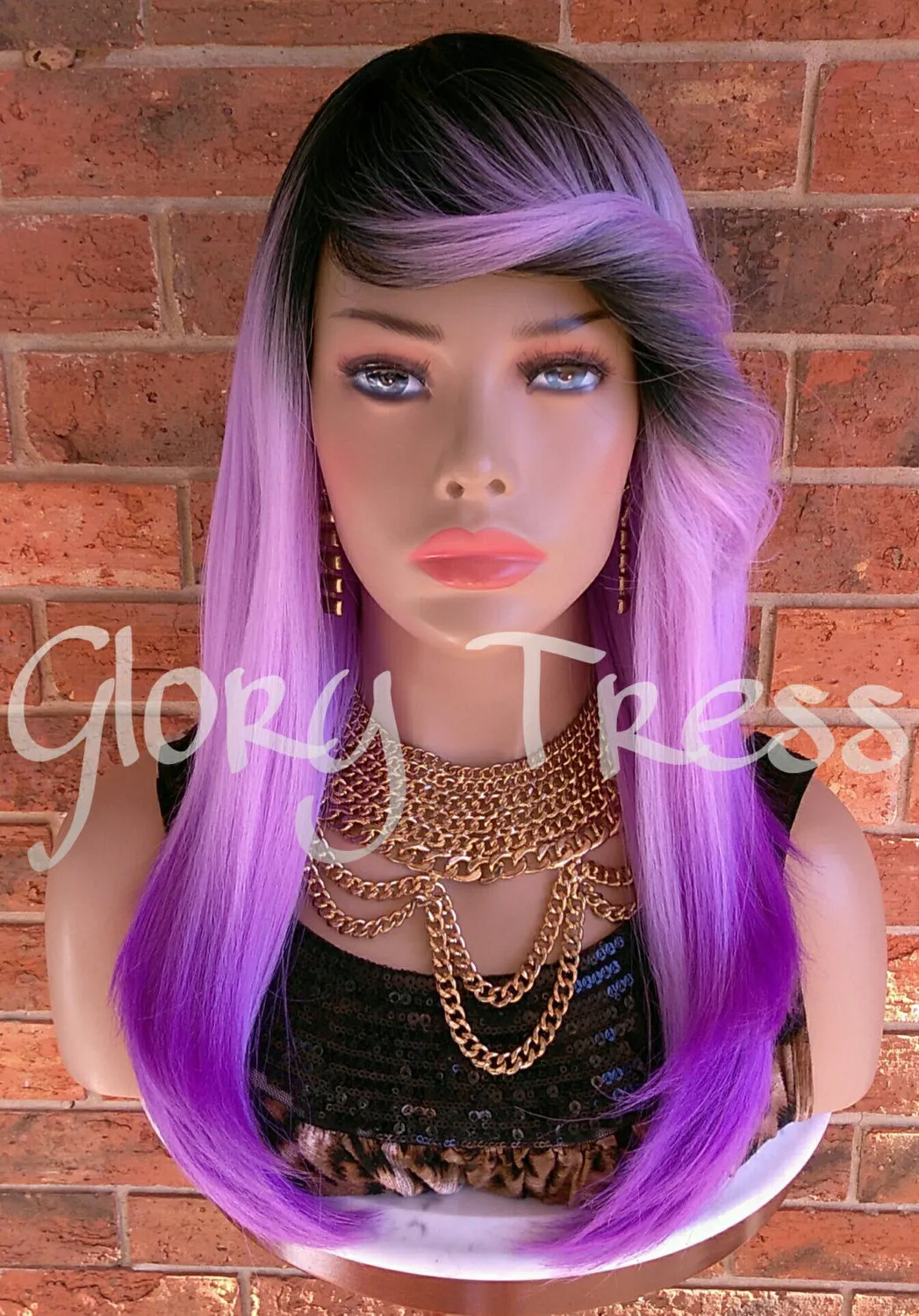 Long Ombre Purple Full Wig, Layered Wig With Bangs, Dark Rooted, Light Yaki Textured Wig// VIRTUE (Free Shipping)