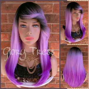 Long Ombre Purple Full Wig, Layered Wig With Bangs, Dark Rooted, Light Yaki Textured Wig// VIRTUE (Free Shipping)