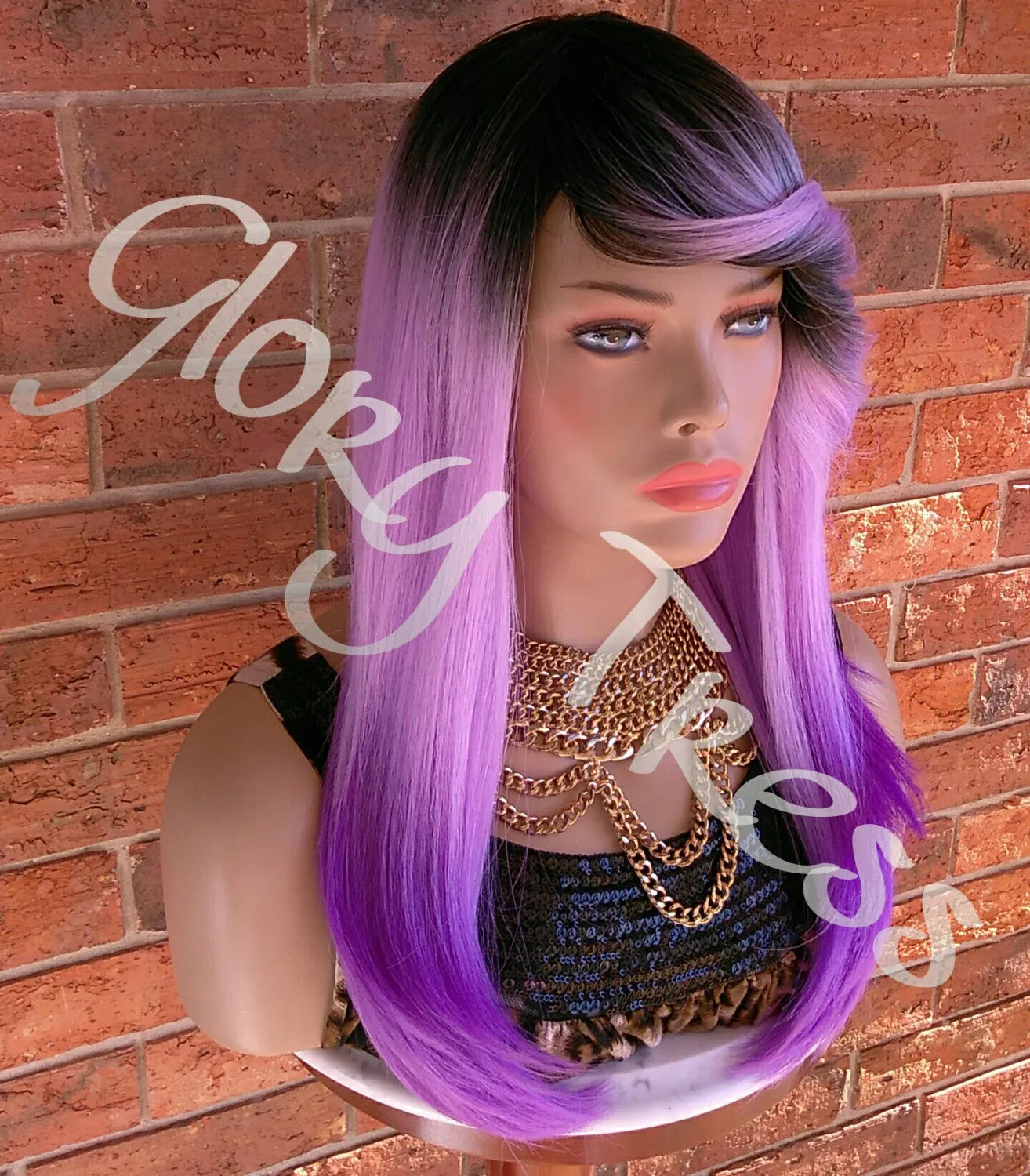 Long Ombre Purple Full Wig, Layered Wig With Bangs, Dark Rooted, Light Yaki Textured Wig// VIRTUE (Free Shipping)