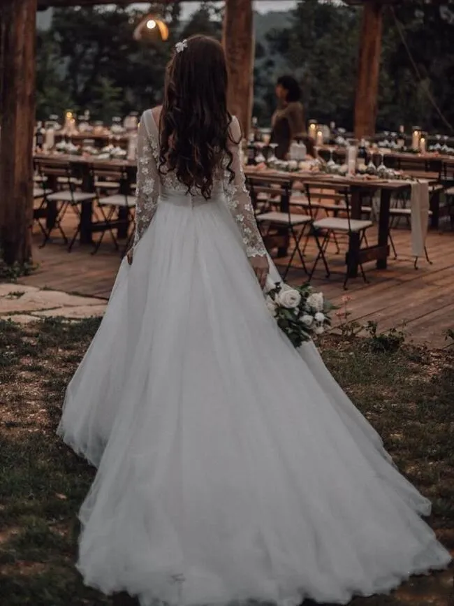 Long Sleeves Tulle Wedding Gown with Sheer Scoop Neckline