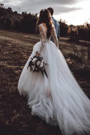 Long Sleeves Tulle Wedding Gown with Sheer Scoop Neckline