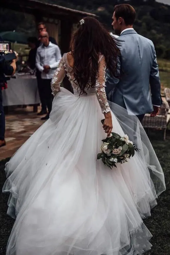 Long Sleeves Tulle Wedding Gown with Sheer Scoop Neckline