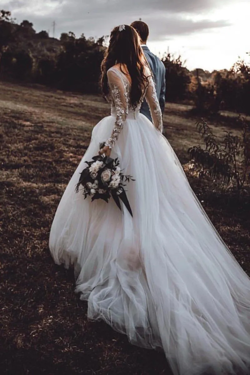 Long Sleeves Tulle Wedding Gown with Sheer Scoop Neckline