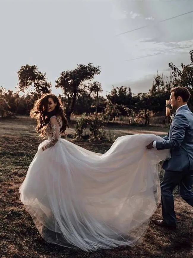 Long Sleeves Tulle Wedding Gown with Sheer Scoop Neckline
