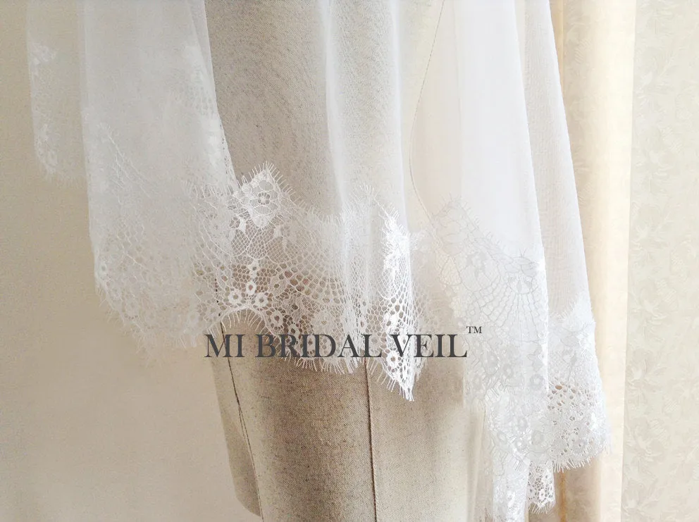 Mantilla Lace Wedding Veil,Eyelash Lace Bridal Veil w Blusher, Mi Bridal