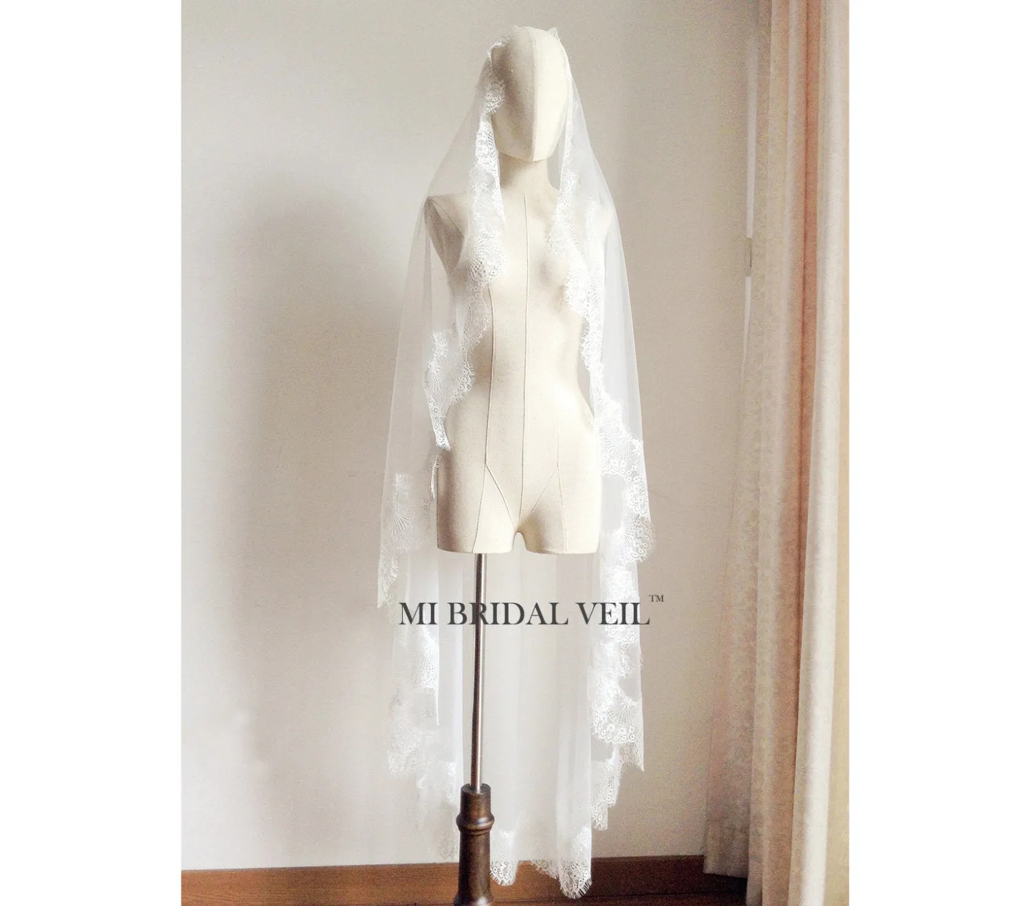 Mantilla Lace Wedding Veil,Eyelash Lace Bridal Veil w Blusher, Mi Bridal