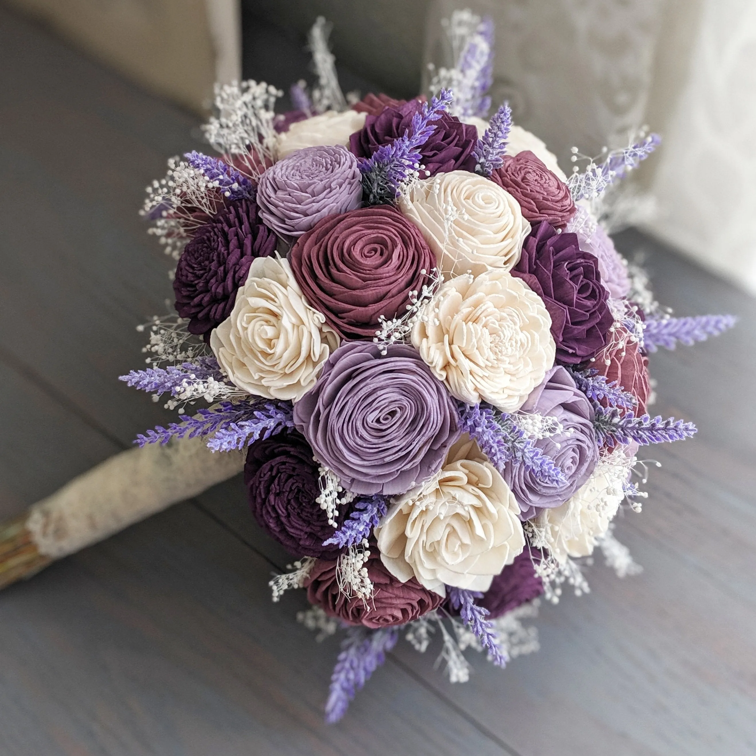 Mauve, Plum, Lilac, and Ivory Bouquet with Lavender and Baby's Breath