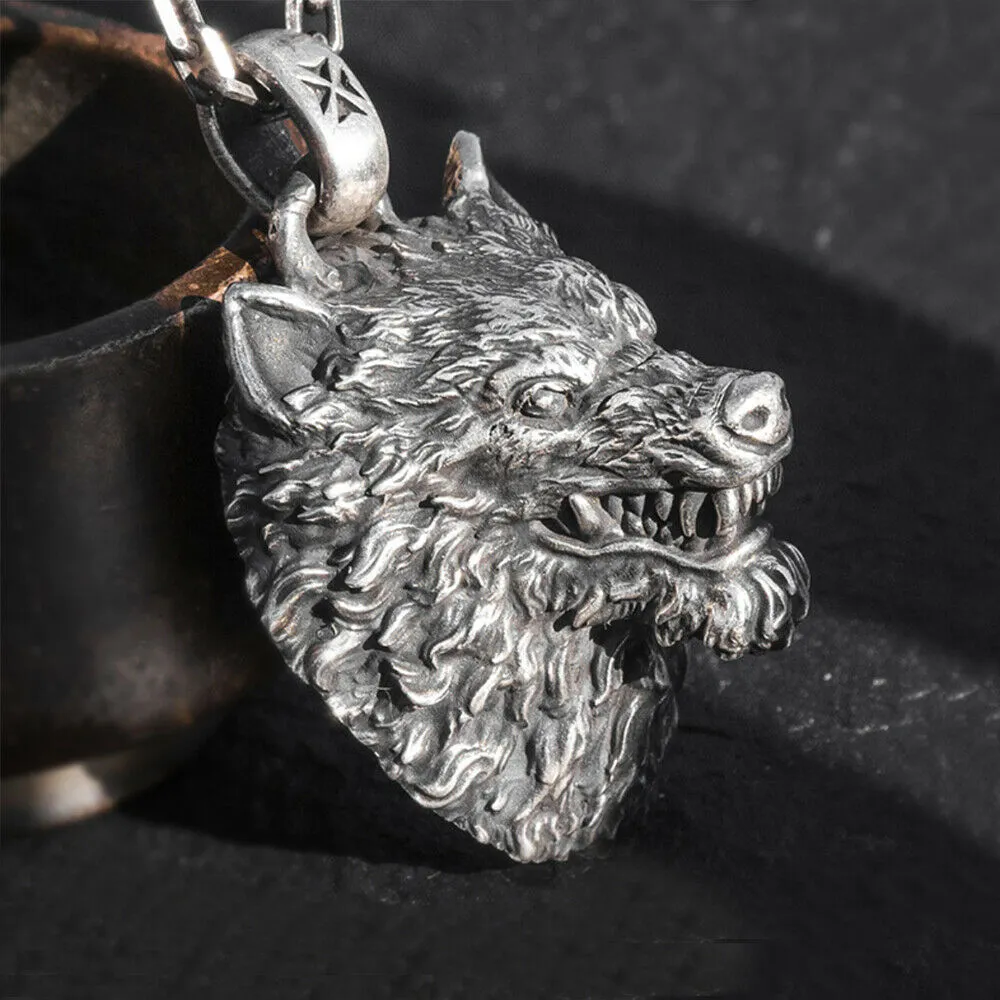 Men's Real Solid 999 Sterling Silver Pendants Wolf King Animal Wolf Head