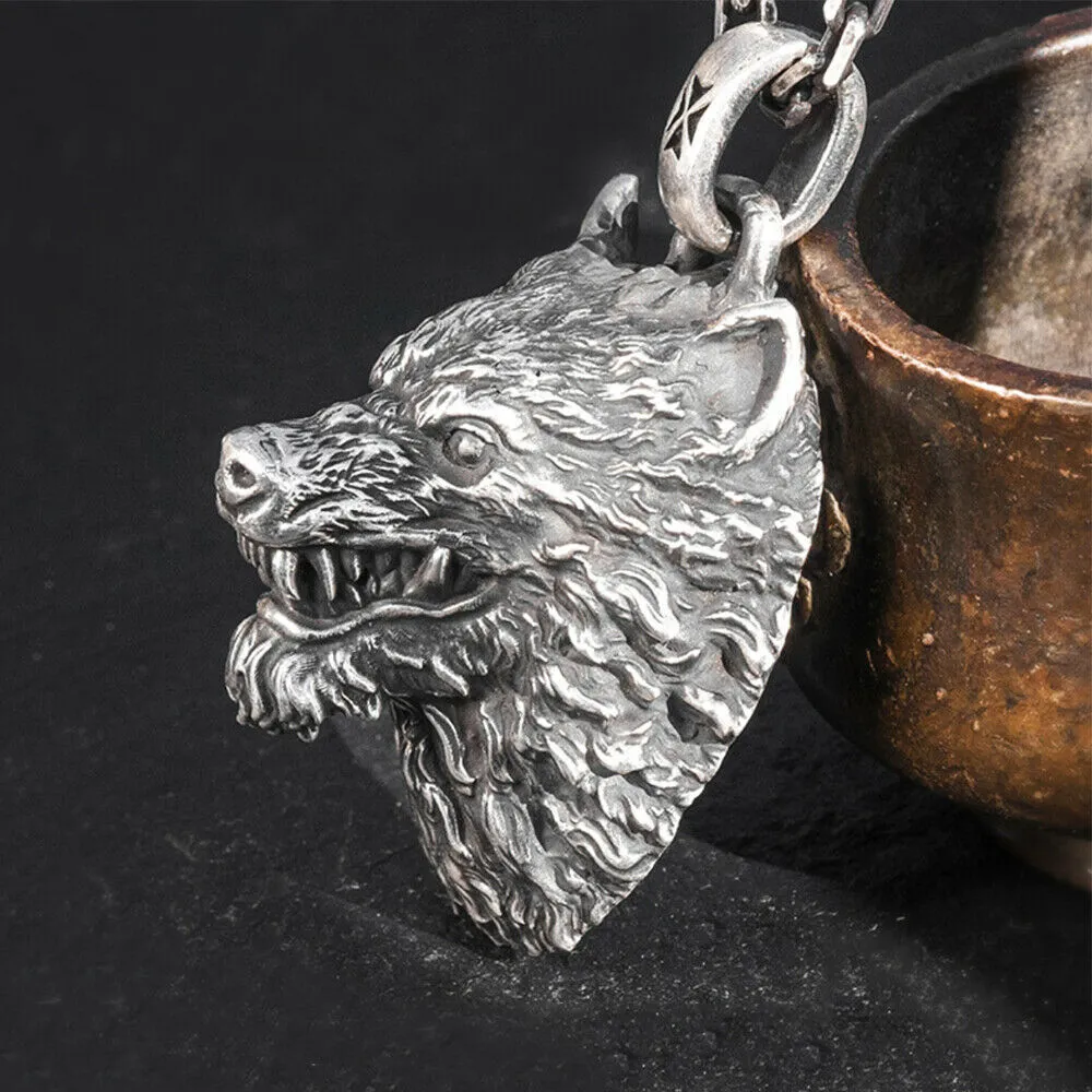 Men's Real Solid 999 Sterling Silver Pendants Wolf King Animal Wolf Head