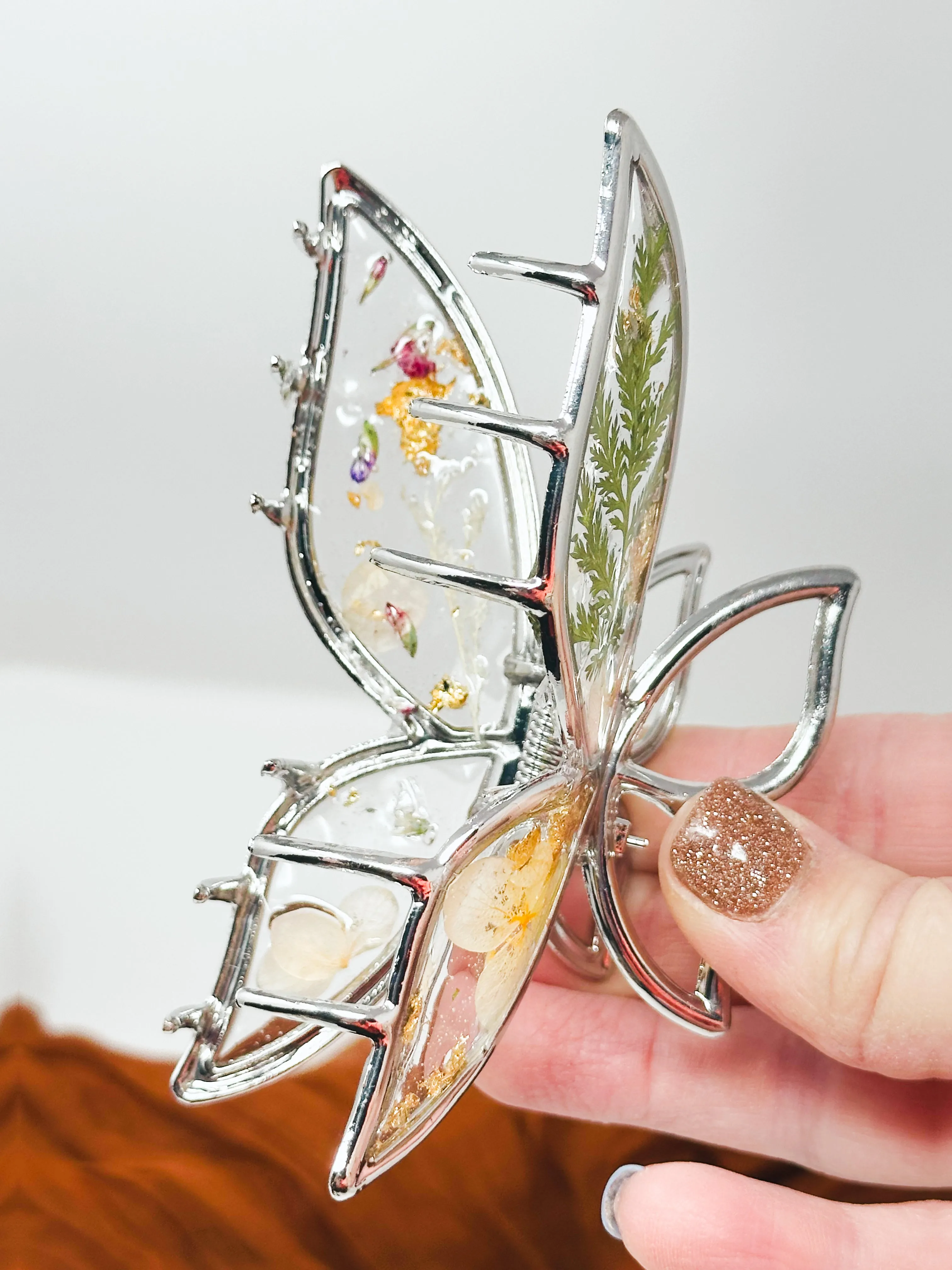 Metal Butterfly Clips in silver and gold. MADE TO ORDER. Select your own flowers.