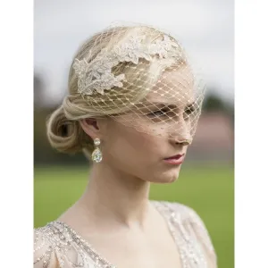 Metallic Gold French Netting Bandeau Veil with Lace Appliques