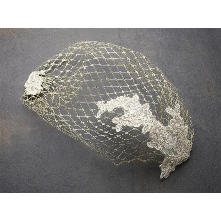 Metallic Gold French Netting Bandeau Veil with Lace Appliques
