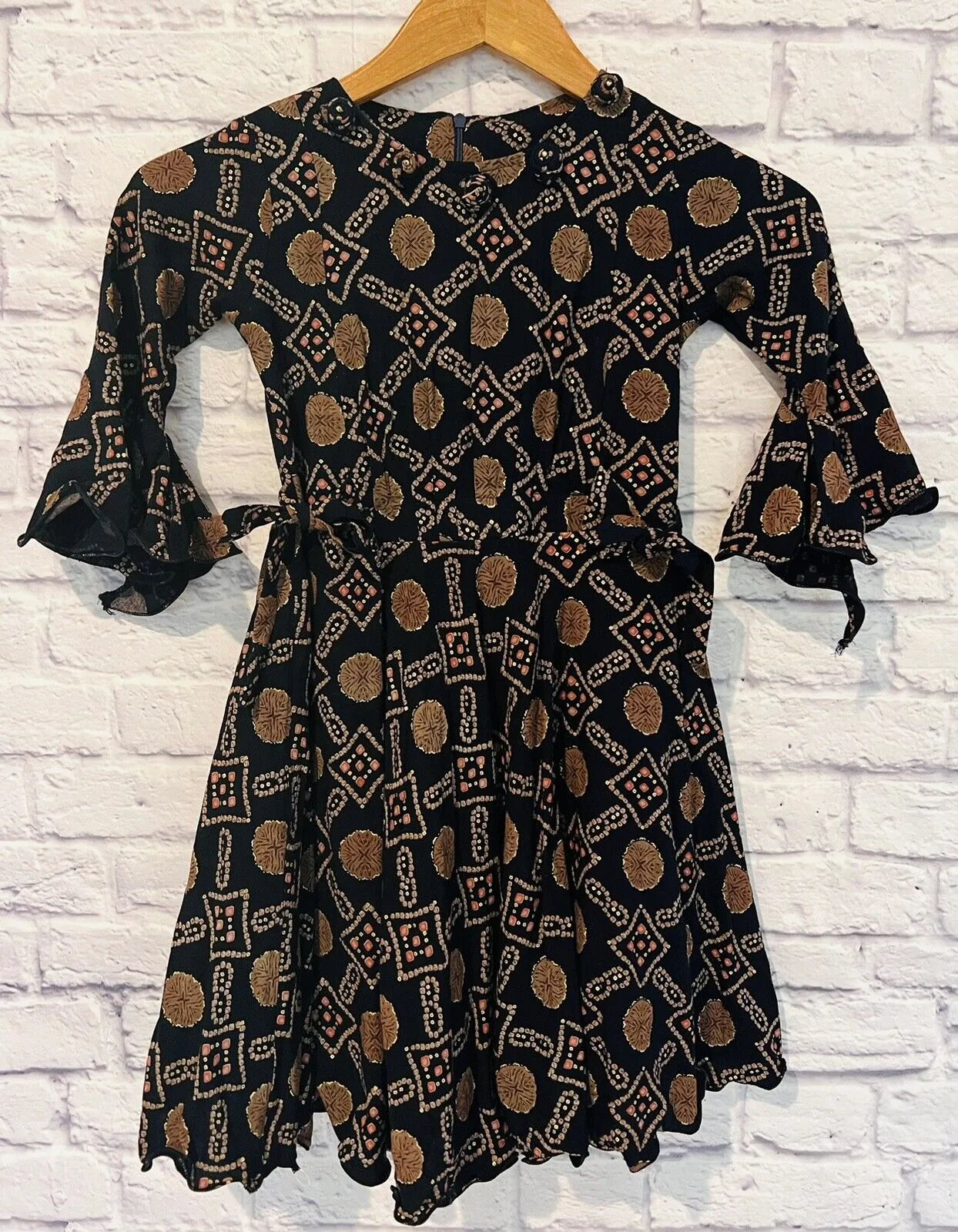MINI ANGEL Girls 10 Black Dress Rayon Layered Lined Gometric Print Bows Flowers