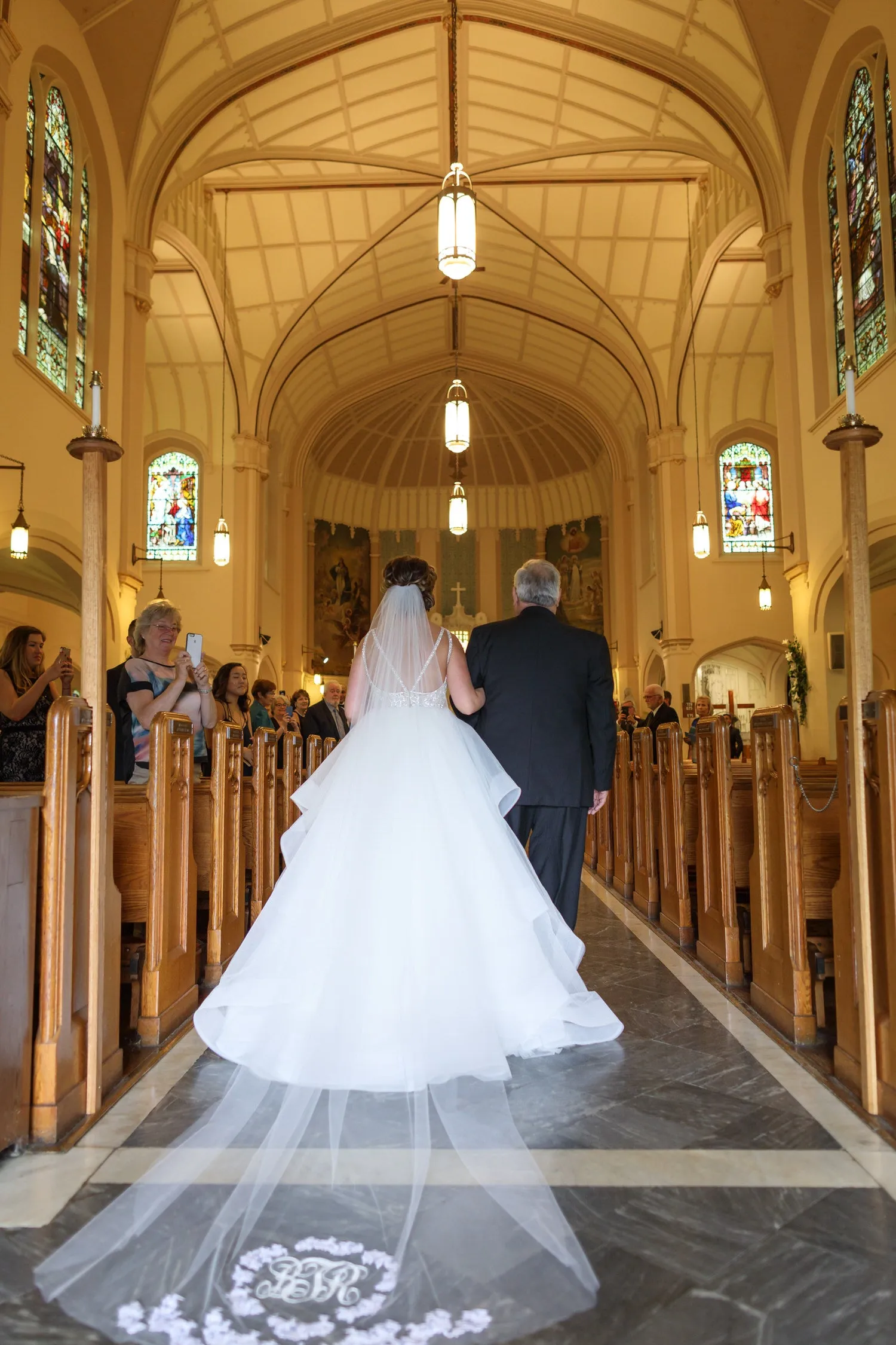 Monogrammed Embroidered Cathedral Veil with Lace Applique Motifs, Cathedral Length Veil