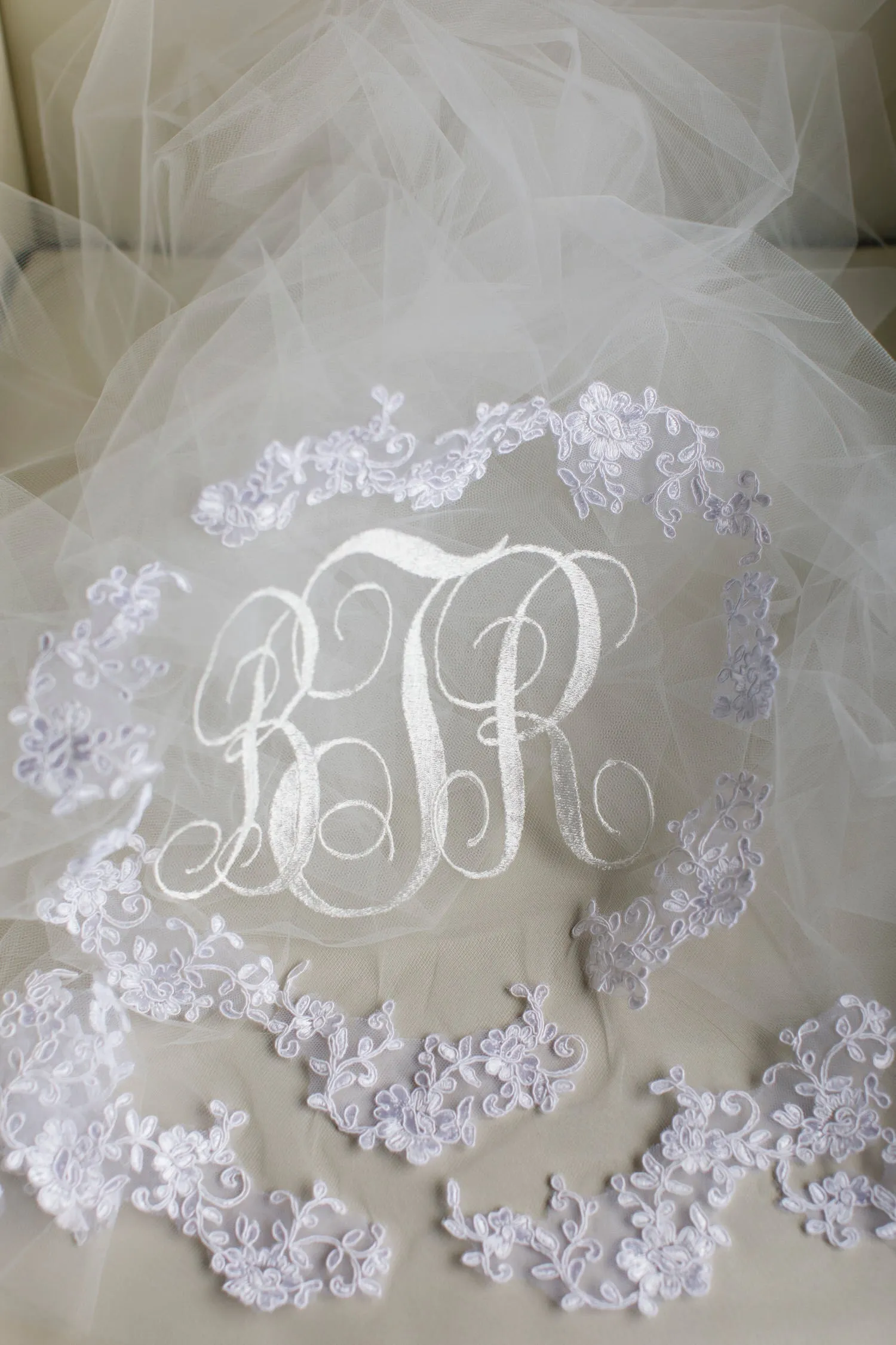 Monogrammed Embroidered Cathedral Veil with Lace Applique Motifs, Cathedral Length Veil