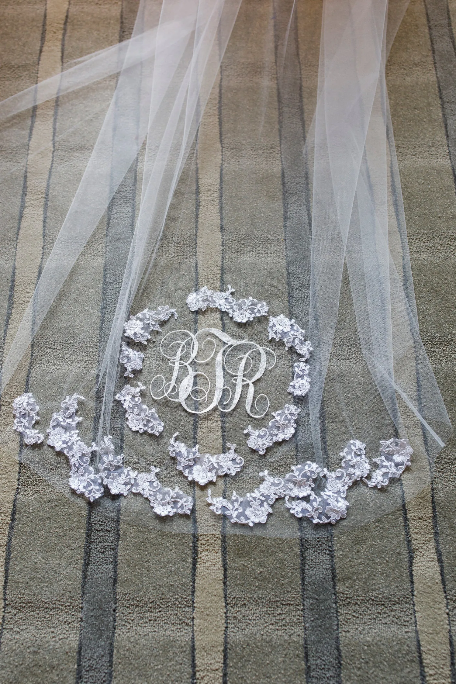 Monogrammed Embroidered Cathedral Veil with Lace Applique Motifs, Cathedral Length Veil