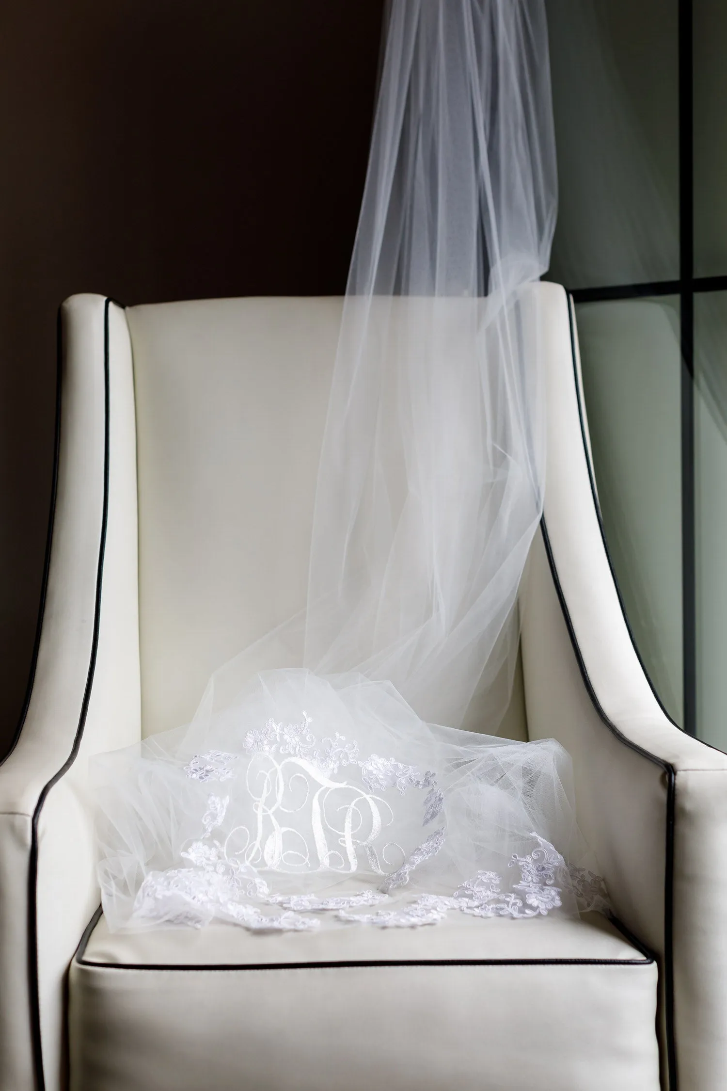 Monogrammed Embroidered Cathedral Veil with Lace Applique Motifs, Cathedral Length Veil