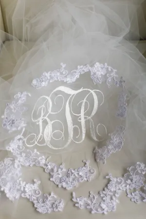 Monogrammed Embroidered Cathedral Veil with Lace Applique Motifs, Cathedral Length Veil