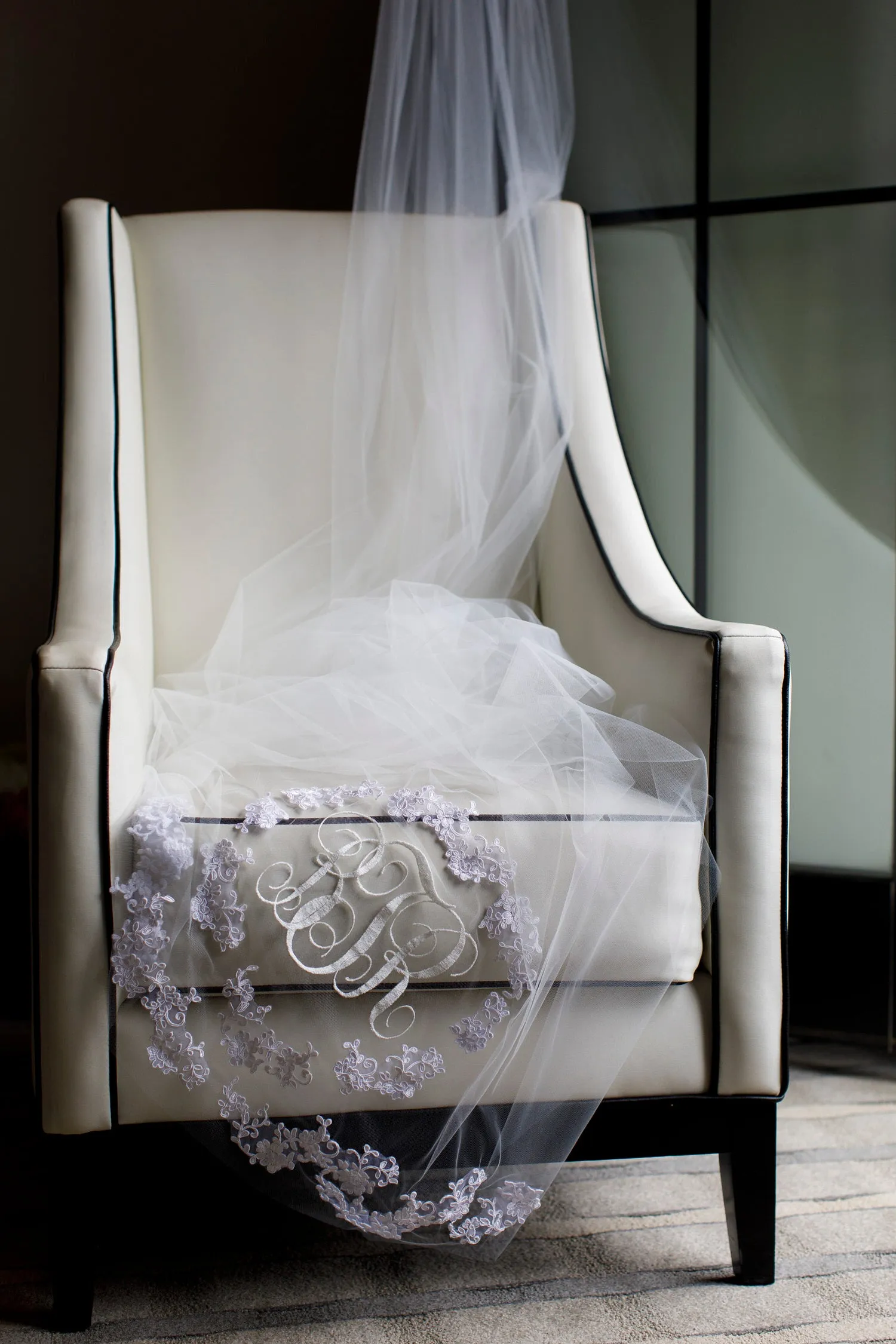 Monogrammed Embroidered Cathedral Veil with Lace Applique Motifs, Cathedral Length Veil