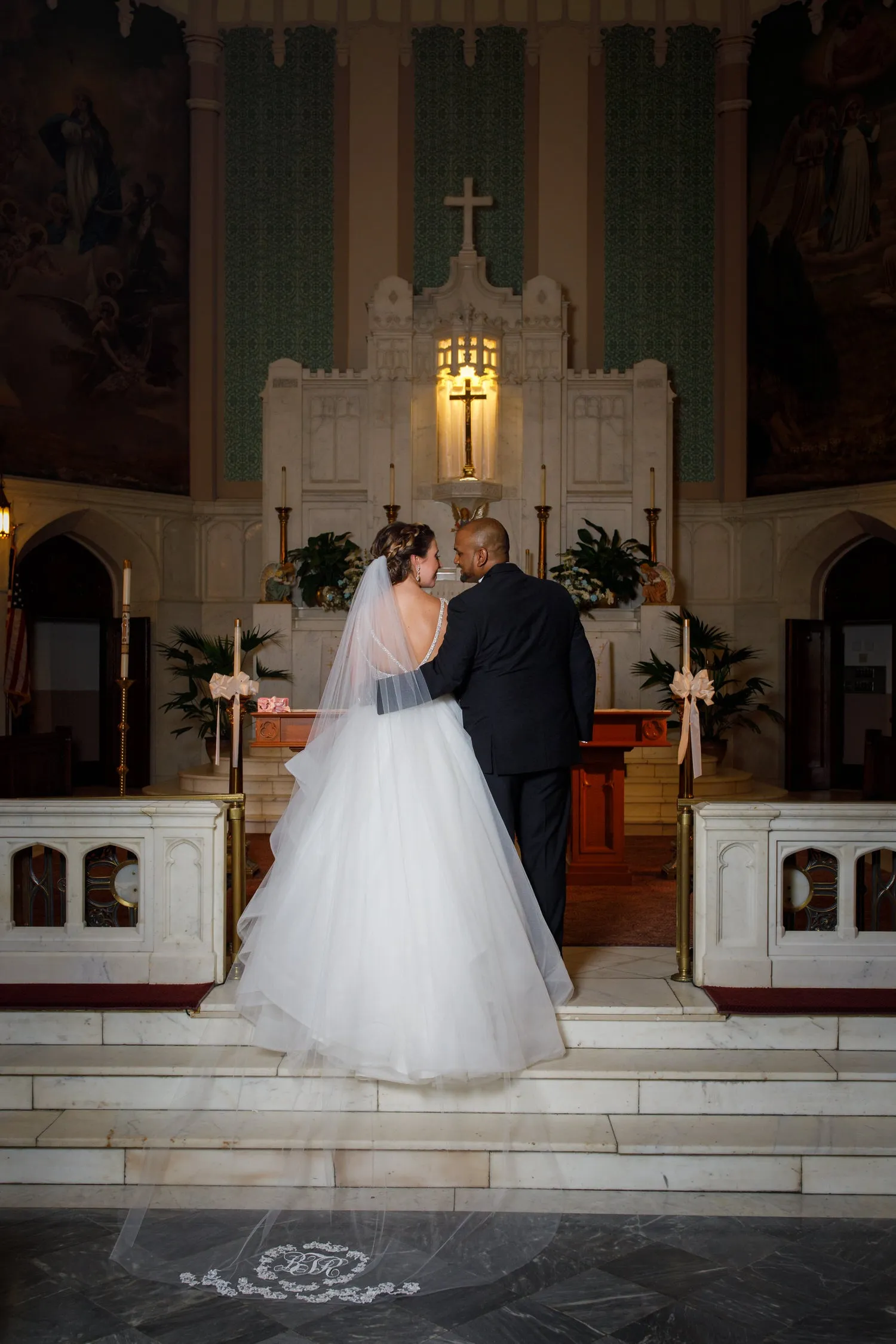 Monogrammed Embroidered Cathedral Veil with Lace Applique Motifs, Cathedral Length Veil
