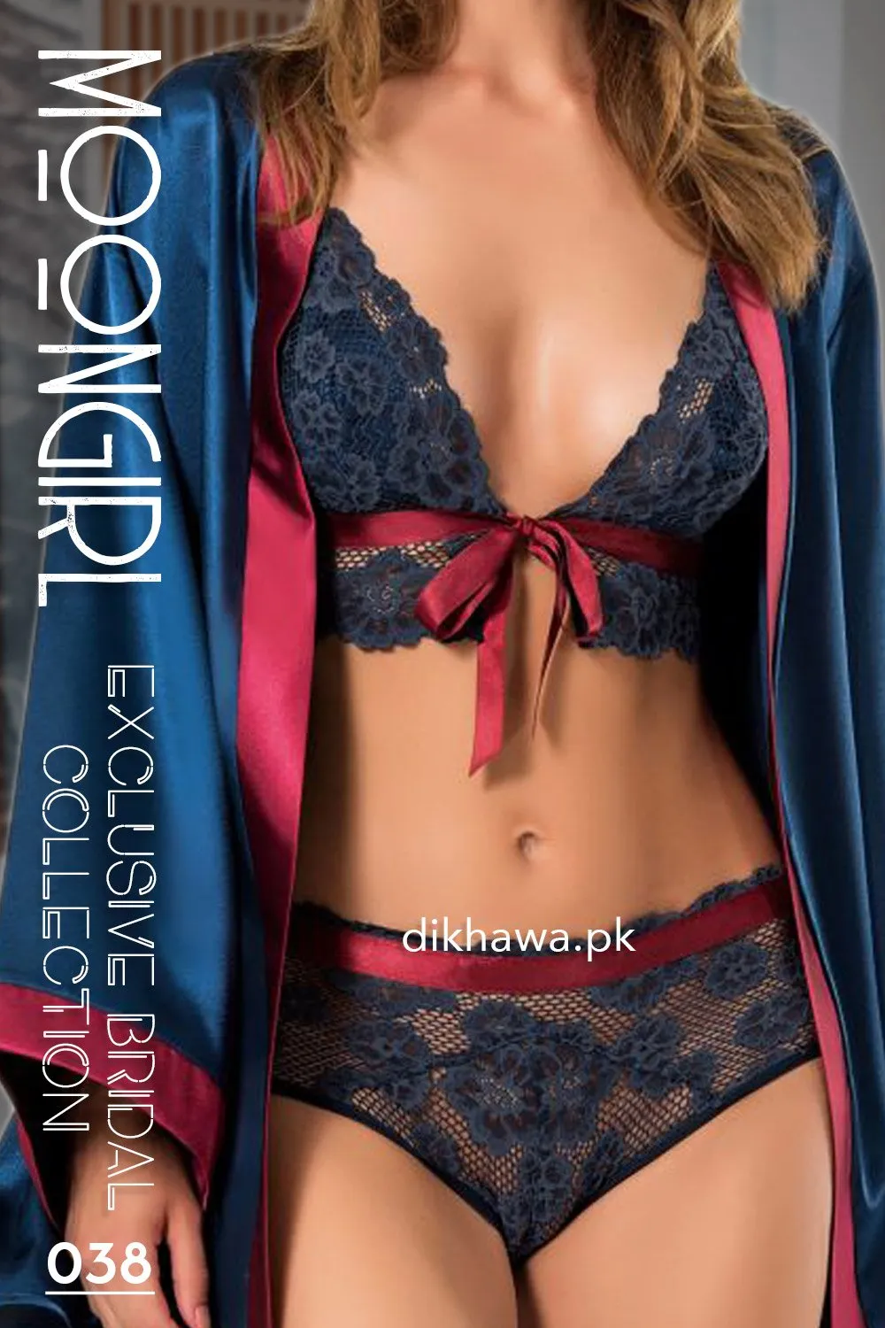 Moongirl - Exclusive Bridal 3Pc Short Nighty with Bra Panty Set & Wedding Nighty Set 038 - Turkish Brand
