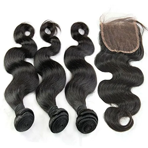 MsFenda hair 100% Virgin Brazilian Weave for Cheap Body Wave 3pcs 10"-26" and Virgin Brazilian Wavy Hair Closure (4*4) Natural Color
