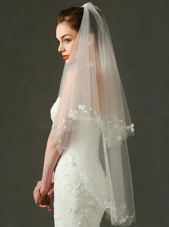 Multi Tier Cut Edge Fingertip Veil with Appliques V002