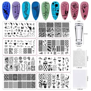 Nail Stamping Plate Kit,1 Nail Stamper, 8 nail art stamp plates, 2 scrapers, nail art stamp kit template for DIY design of your nails