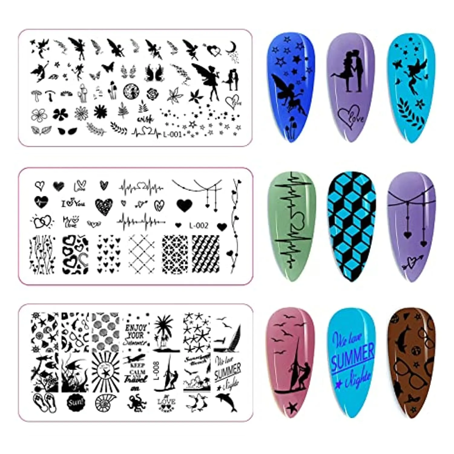 Nail Stamping Plate Kit,1 Nail Stamper, 8 nail art stamp plates, 2 scrapers, nail art stamp kit template for DIY design of your nails