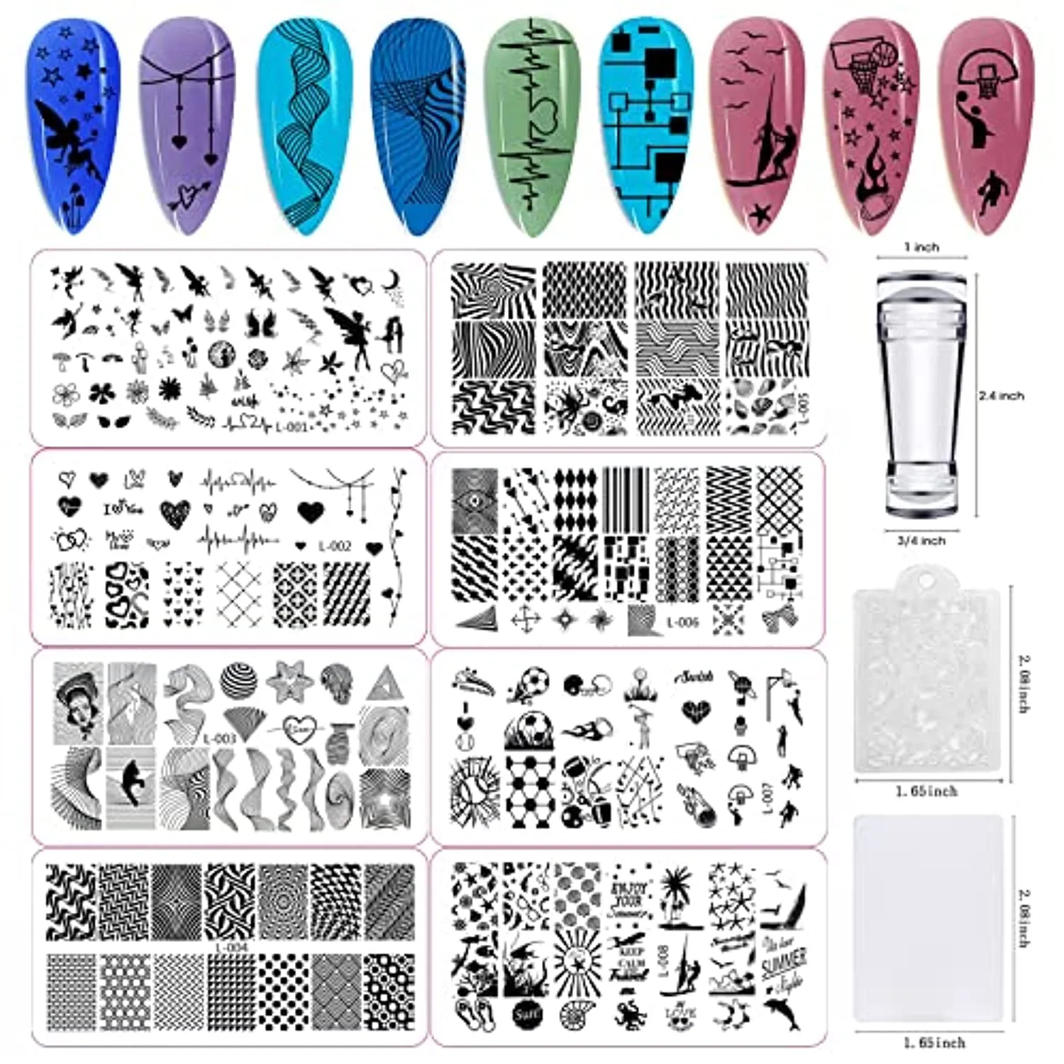Nail Stamping Plate Kit,1 Nail Stamper, 8 nail art stamp plates, 2 scrapers, nail art stamp kit template for DIY design of your nails