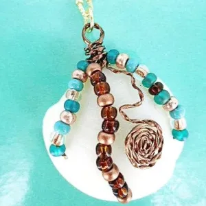 Natural White Lucina Seashell Pendant with Vintage Bronze Wire & Multi-Color Glass Beads on Gold-Plated Necklace✨- Handmade