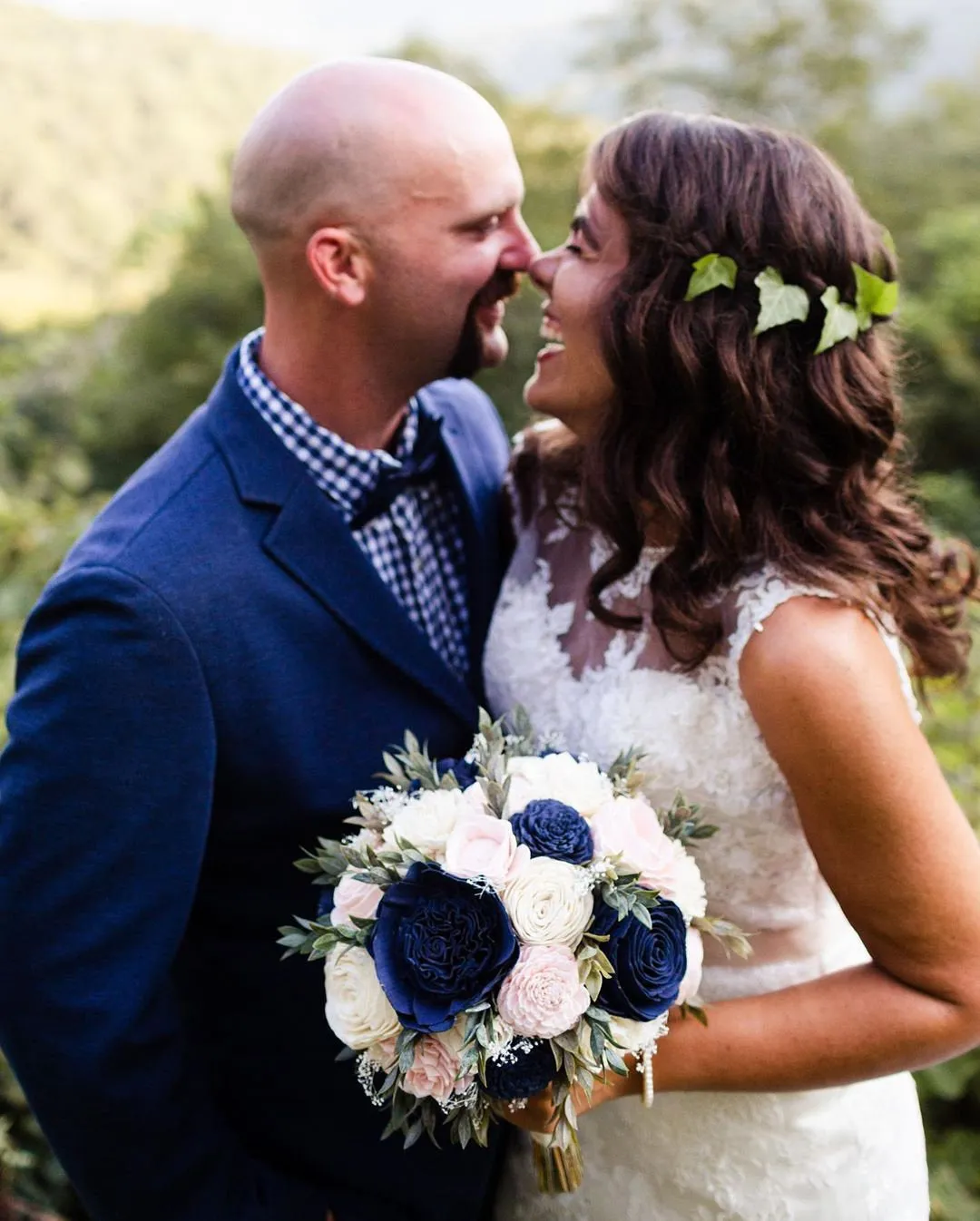 Navy, Blush, and Ivory Bouquet with Baby's Breath and Greenery