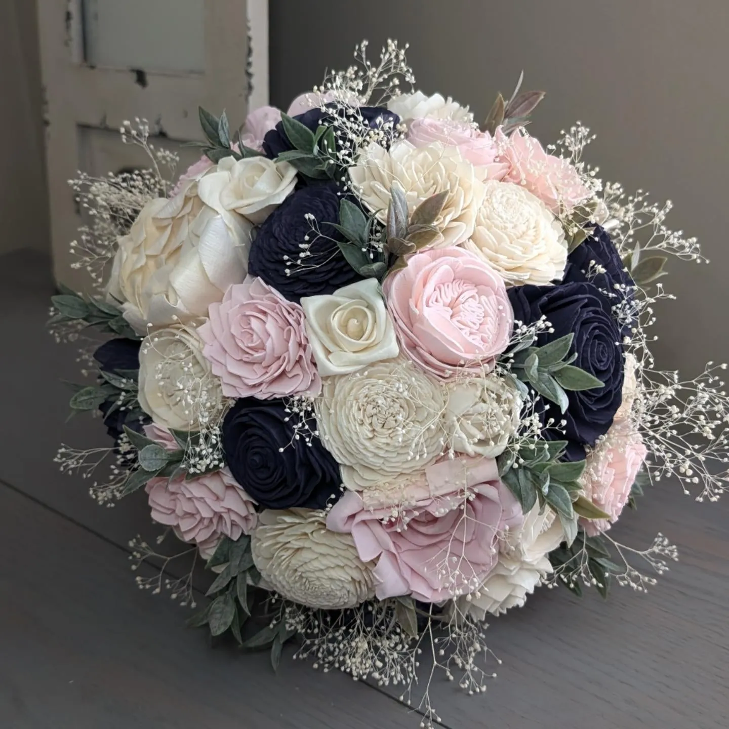 Navy, Blush, and Ivory Bouquet with Baby's Breath and Greenery