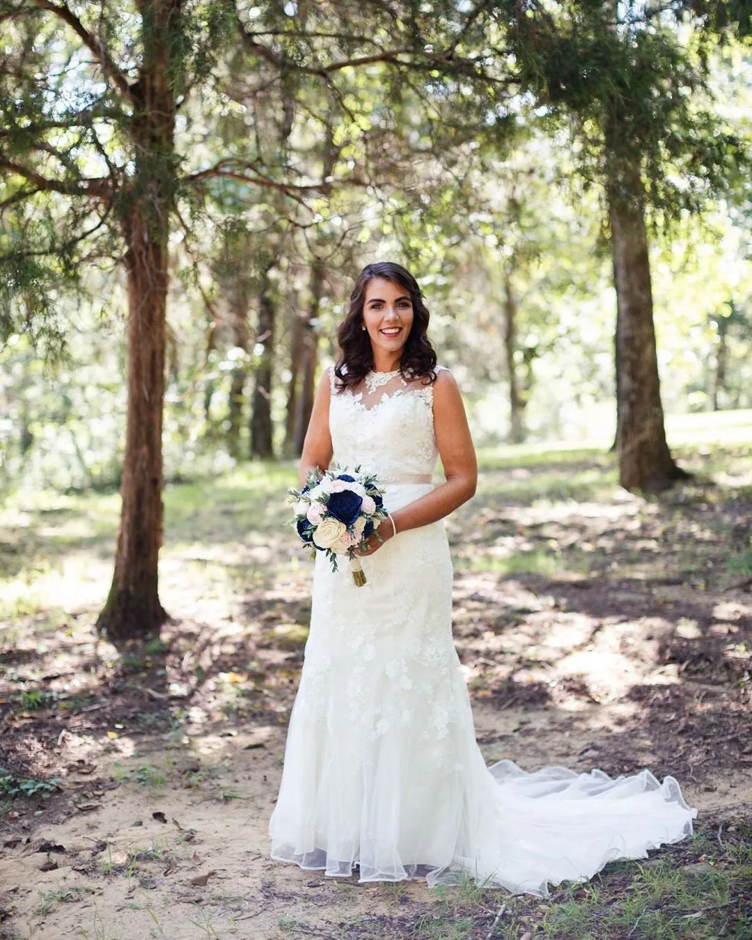 Navy, Blush, and Ivory Bouquet with Baby's Breath and Greenery