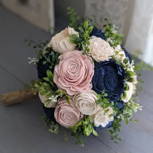 Navy, Blush, and Ivory Bouquet with Mixed Greenery