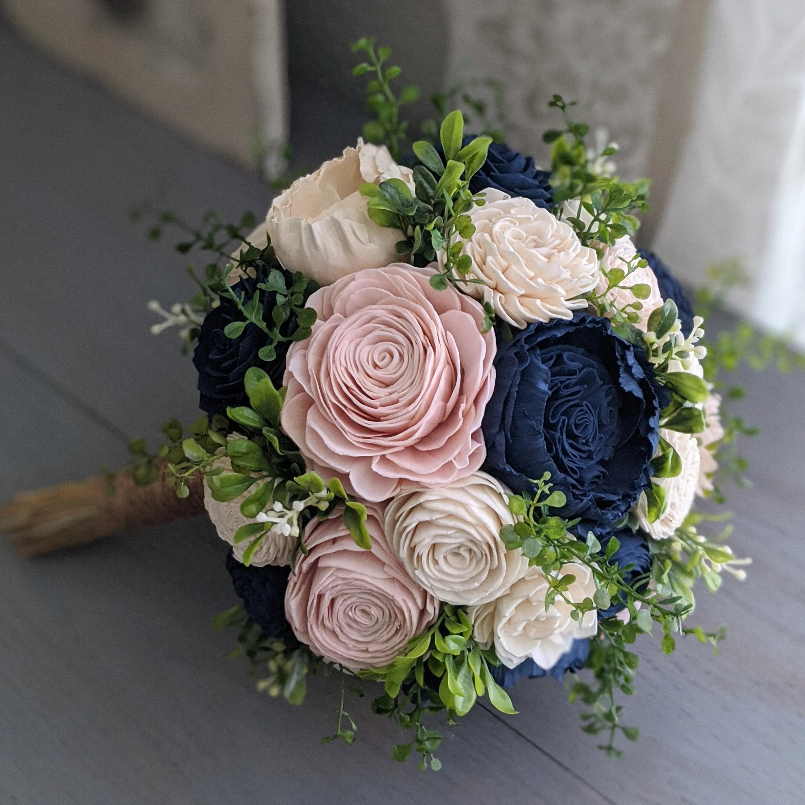 Navy, Blush, and Ivory Bouquet with Mixed Greenery