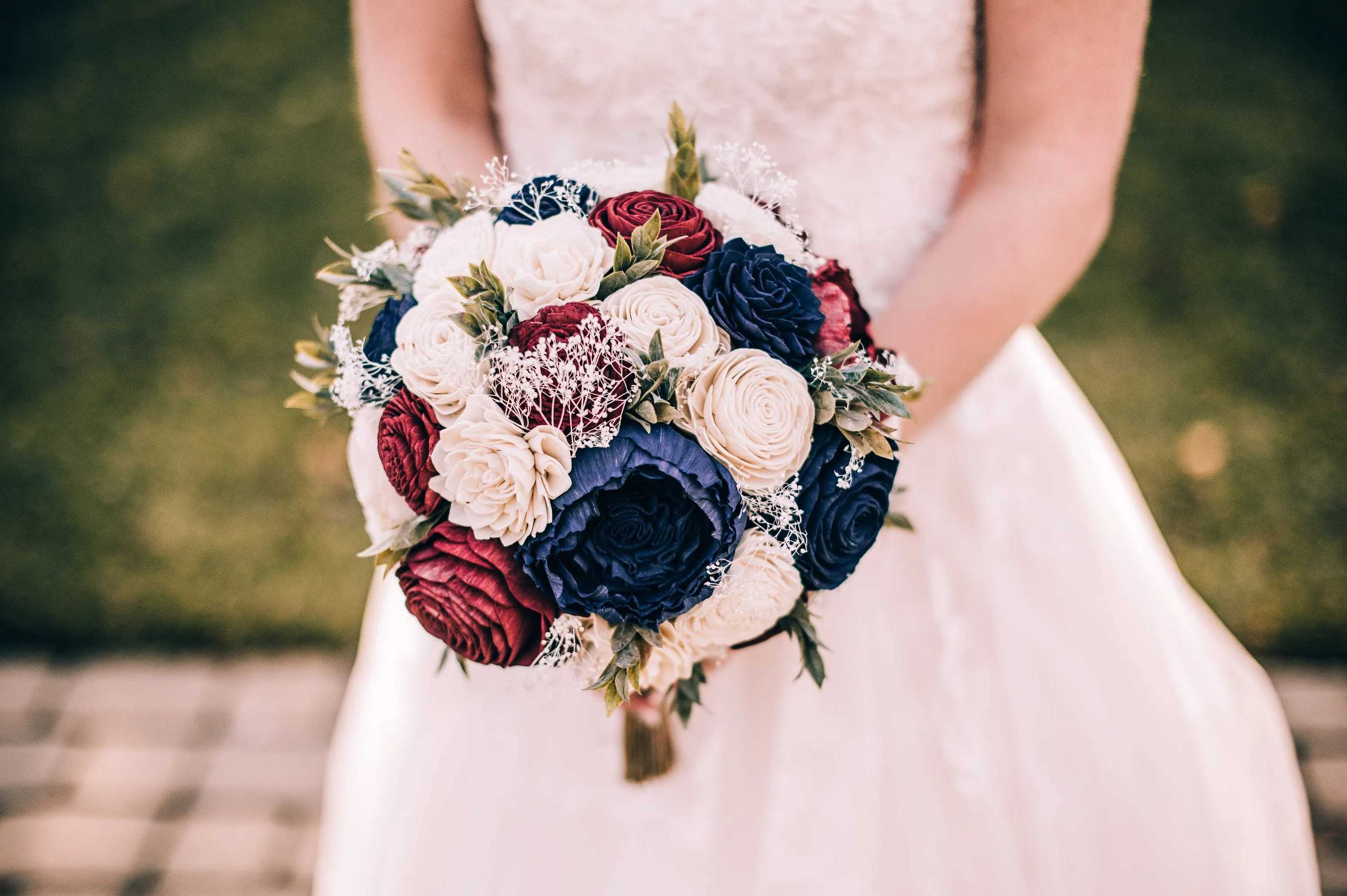Navy, Burgundy, and Ivory Bouquet with Baby's Breath and Greenery