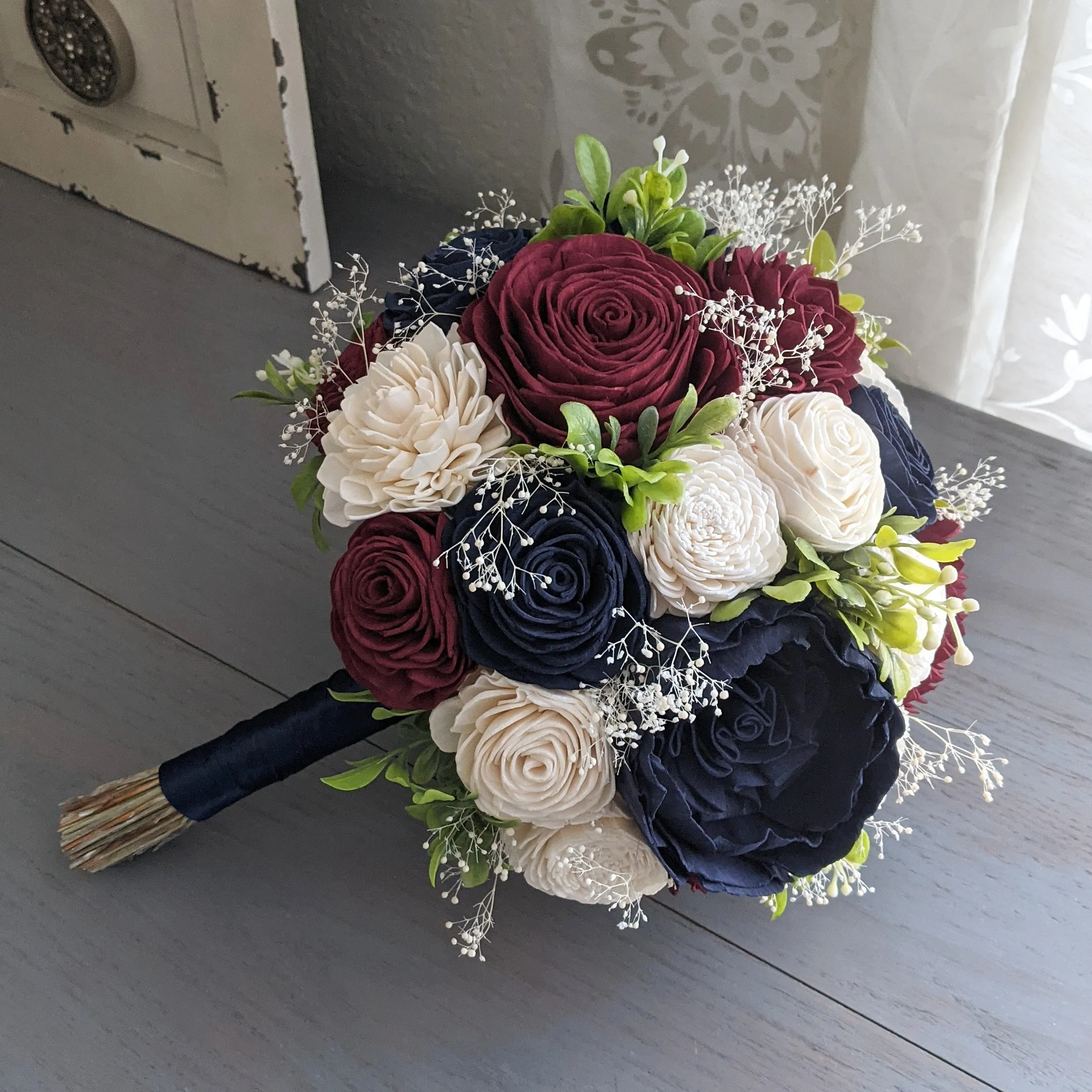 Navy, Burgundy, and Ivory Bouquet with Baby's Breath and Greenery