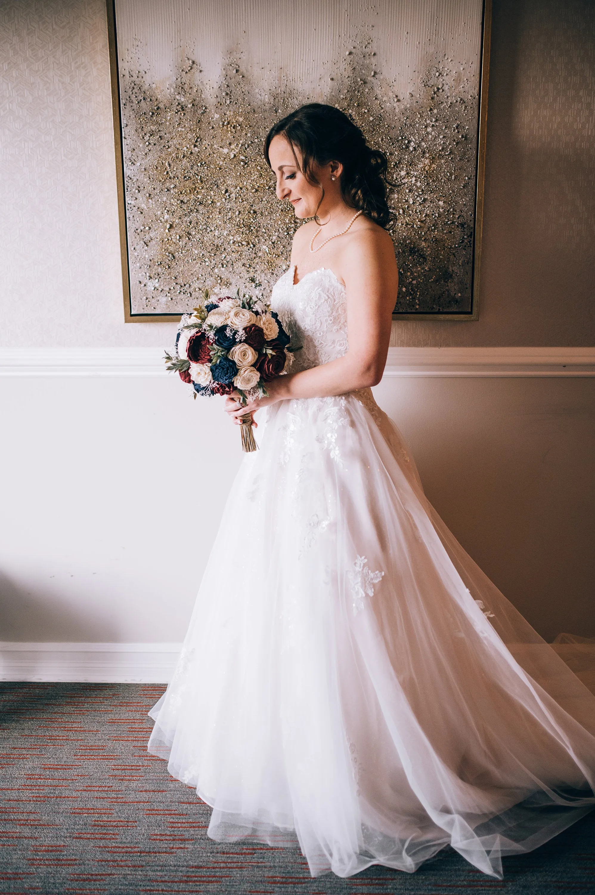 Navy, Burgundy, and Ivory Bouquet with Baby's Breath and Greenery