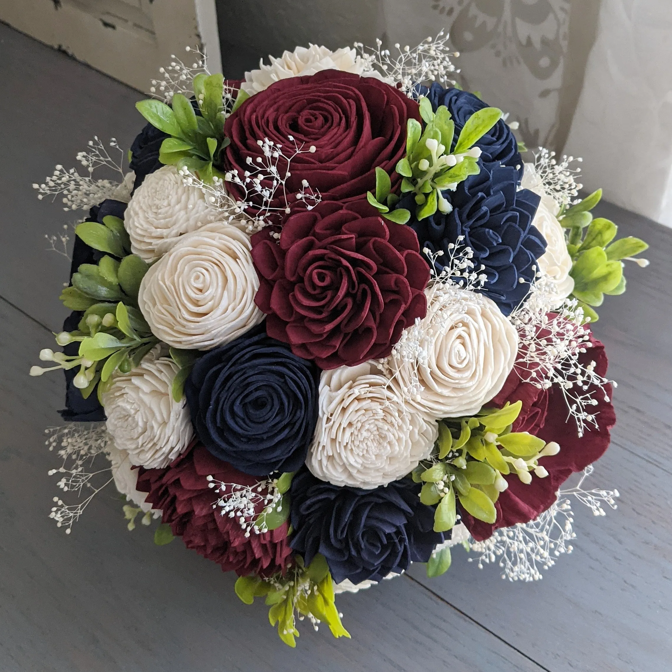 Navy, Burgundy, and Ivory Bouquet with Baby's Breath and Greenery
