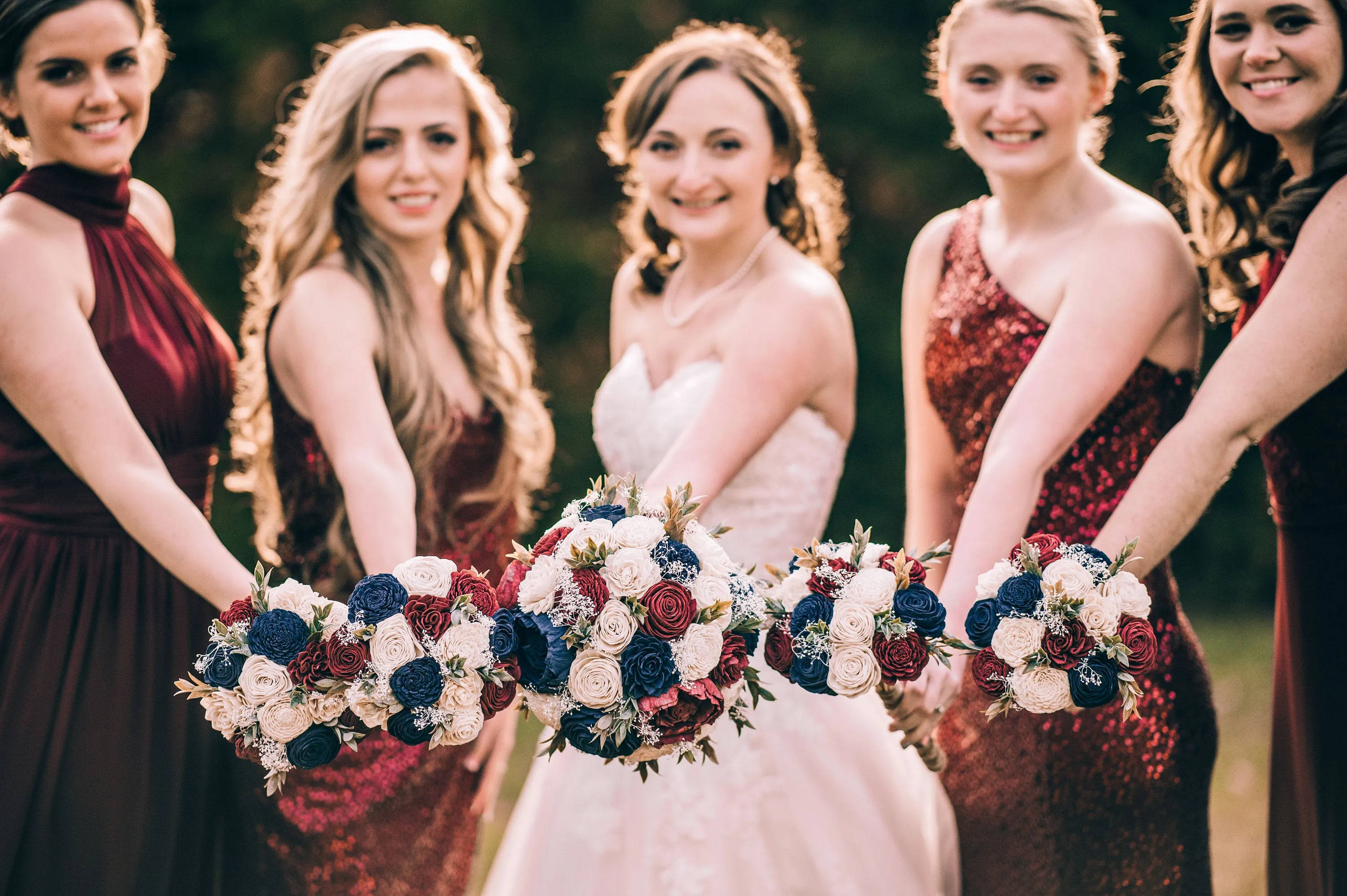 Navy, Burgundy, and Ivory Bouquet with Baby's Breath and Greenery