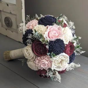 Navy, Burgundy, Blush, and Ivory Bouquet with Baby's Breath and Greenery
