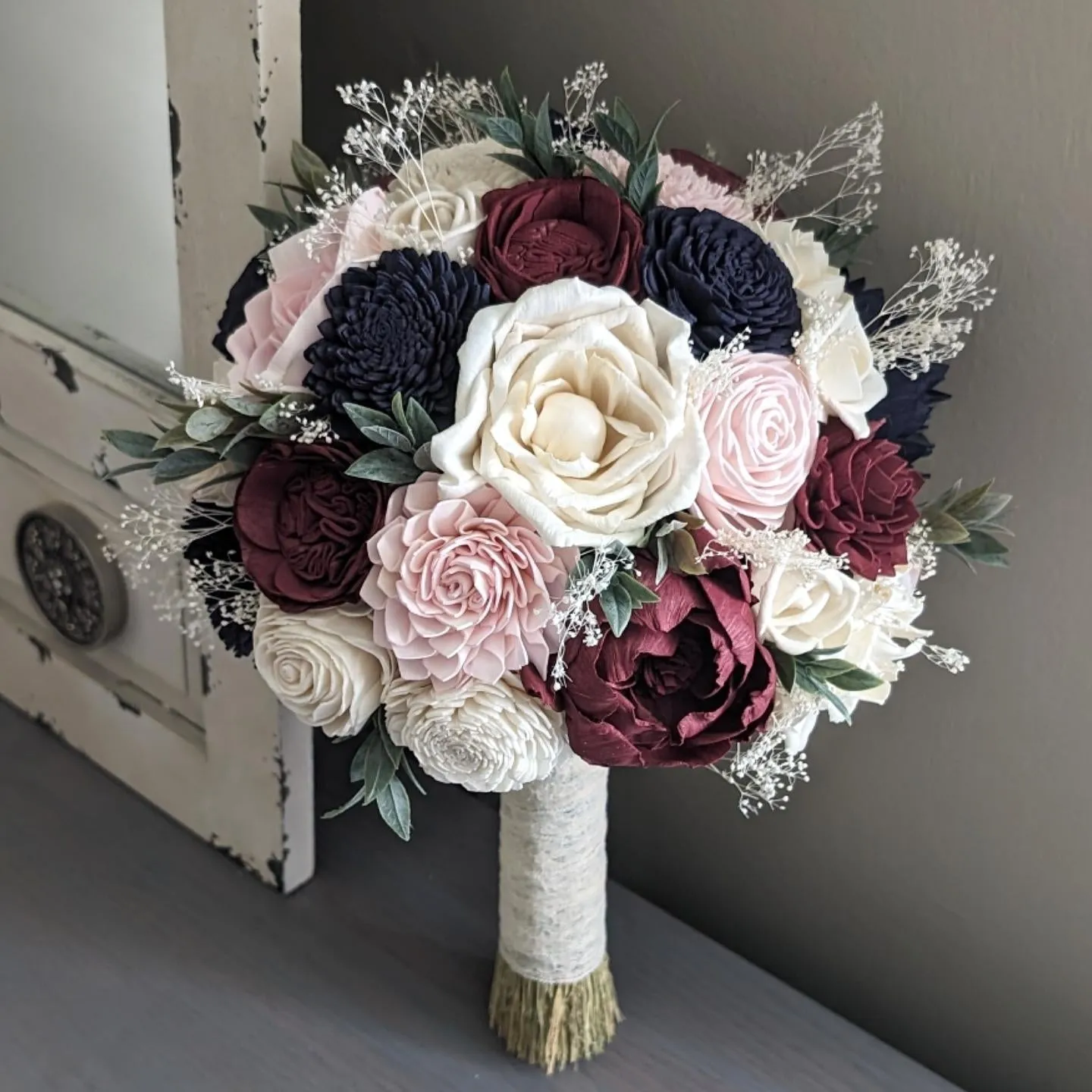 Navy, Burgundy, Blush, and Ivory Bouquet with Baby's Breath and Greenery