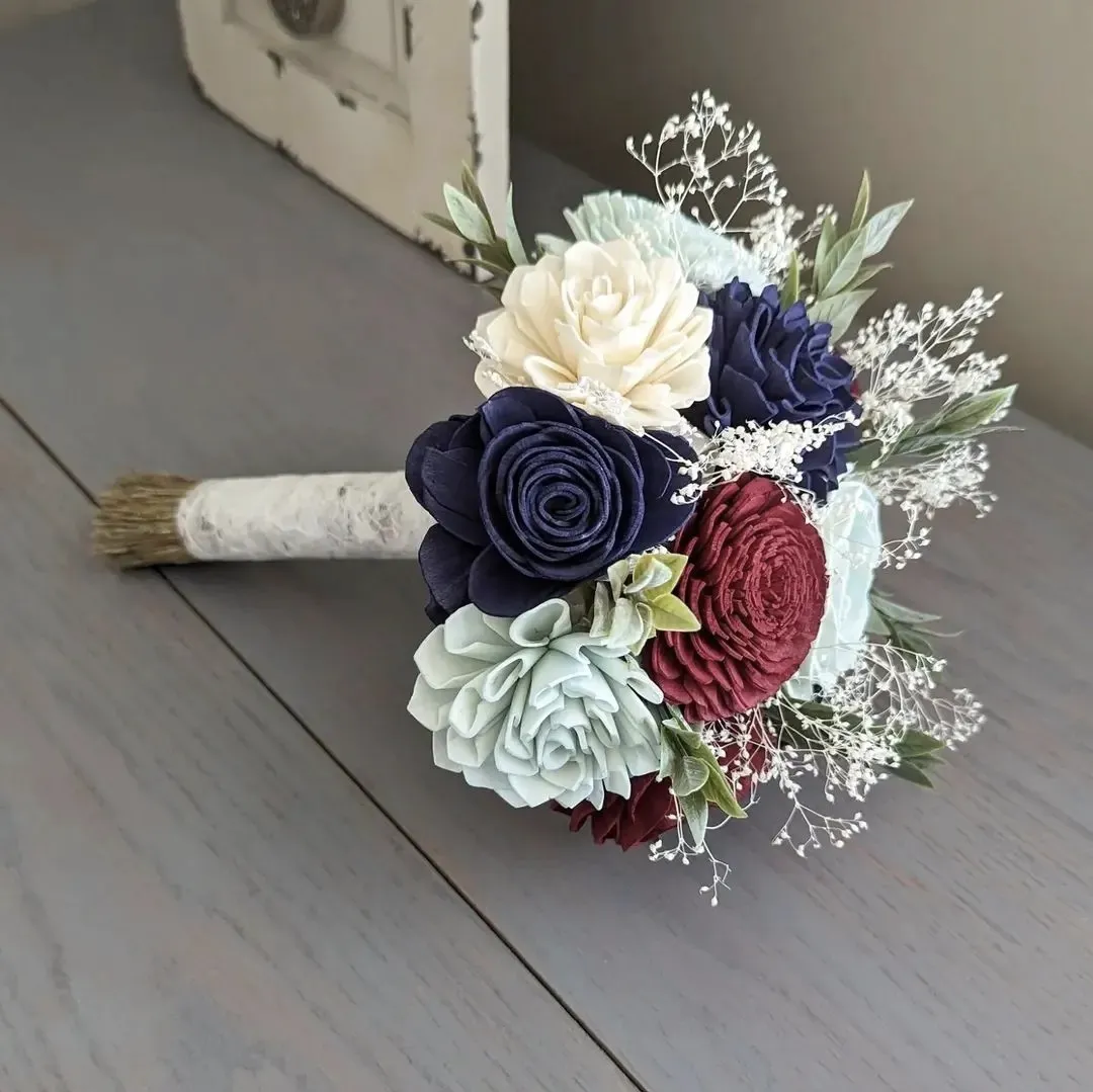 Navy, Burgundy, Light Blue, and Ivory Bouquet with Baby's Breath and Greenery