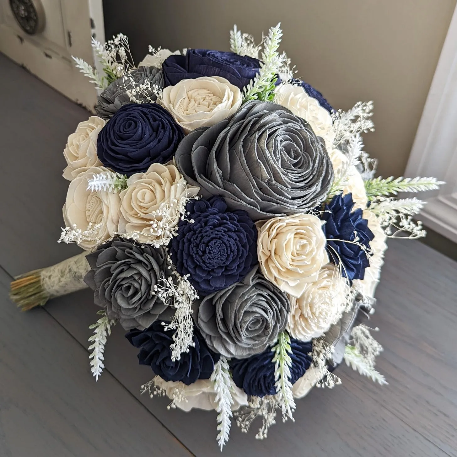 Navy, Charcoal, and Ivory Bouquet with White Lavender and Baby's Breath