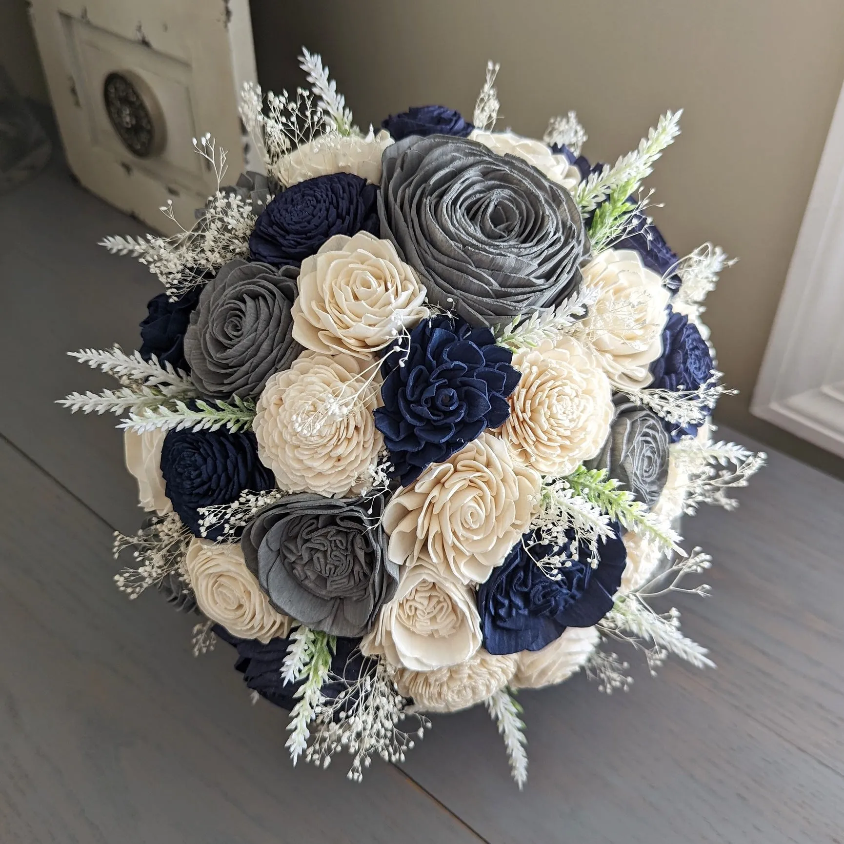Navy, Charcoal, and Ivory Bouquet with White Lavender and Baby's Breath