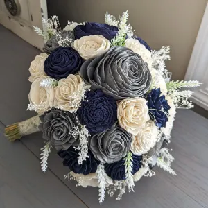Navy, Charcoal, and Ivory Bouquet with White Lavender and Baby's Breath