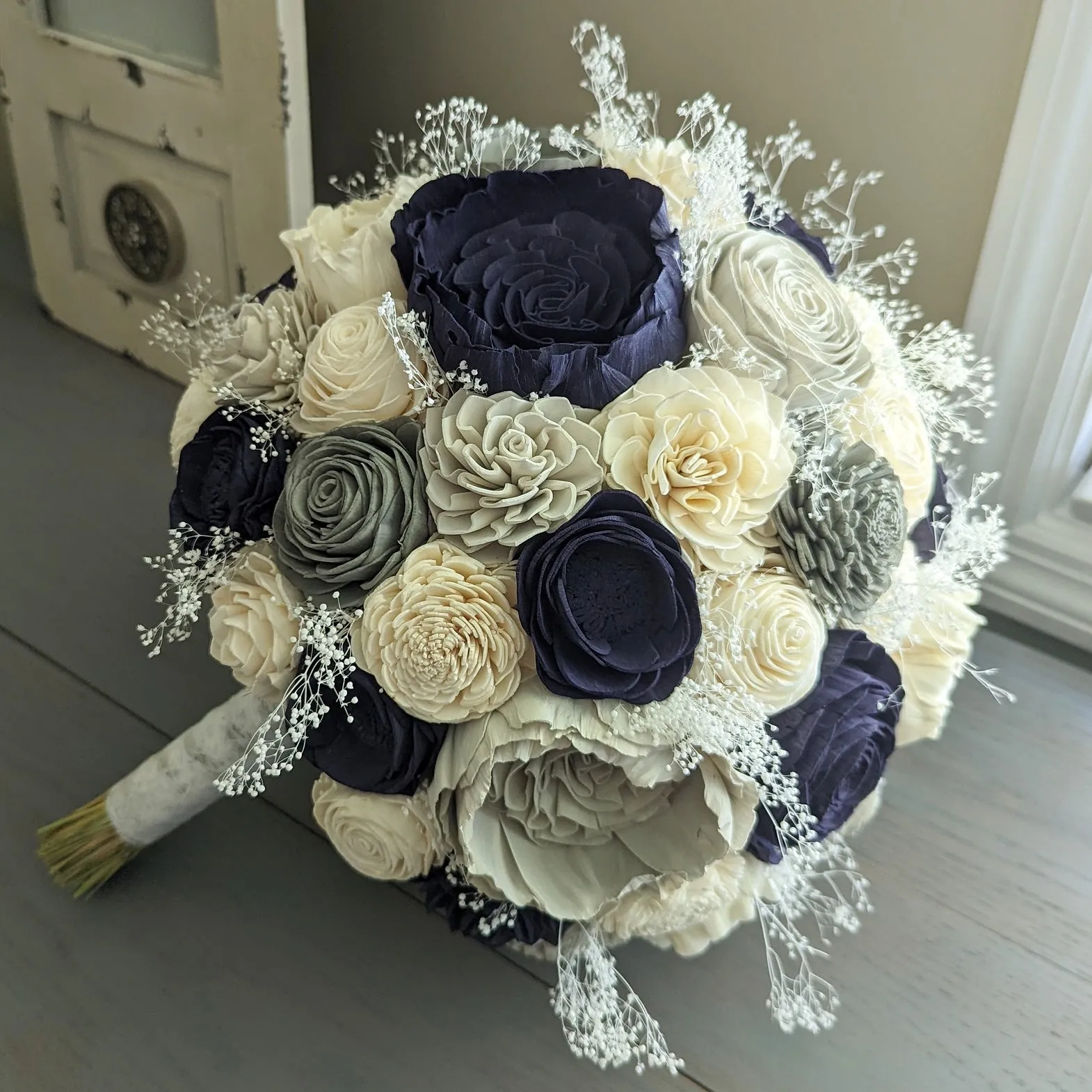 Navy, Charcoal, Light Gray, and Ivory Bouquet with Baby's Breath