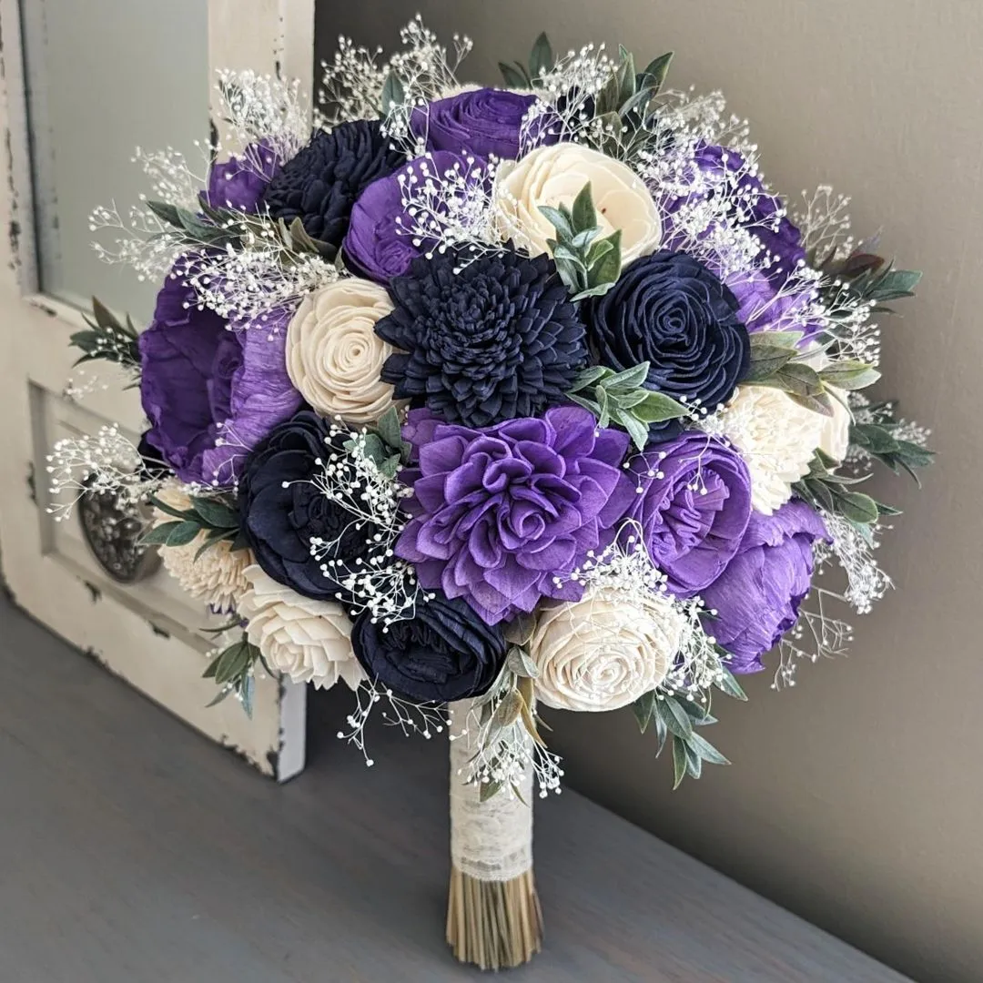 Navy, Purple, and Ivory Bouquet with Baby's Breath and Greenery