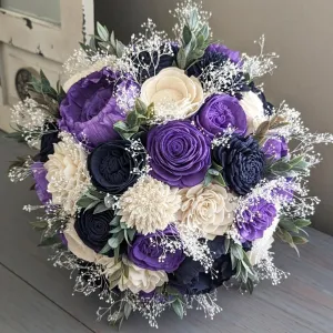 Navy, Purple, and Ivory Bouquet with Baby's Breath and Greenery